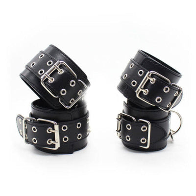 Male Female Black PU Leather Neck Collar Handcuffs Ankle Cuffs Wrist Chain Slave Bondage BDSM Fetish Restraints Kit Sex Toys