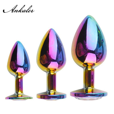 Rose Gold Rainbow Heart Shape Crystal Metal Anal Beads Butt Plug Jewelry Ass Small Medium Size Set Sex Toy for Female Male M-21